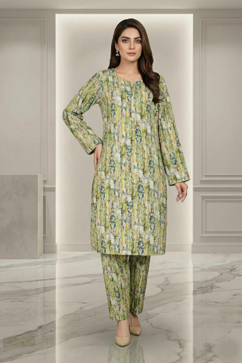 2-Piece Stone Work Trouser Shirt - Green Floral Print