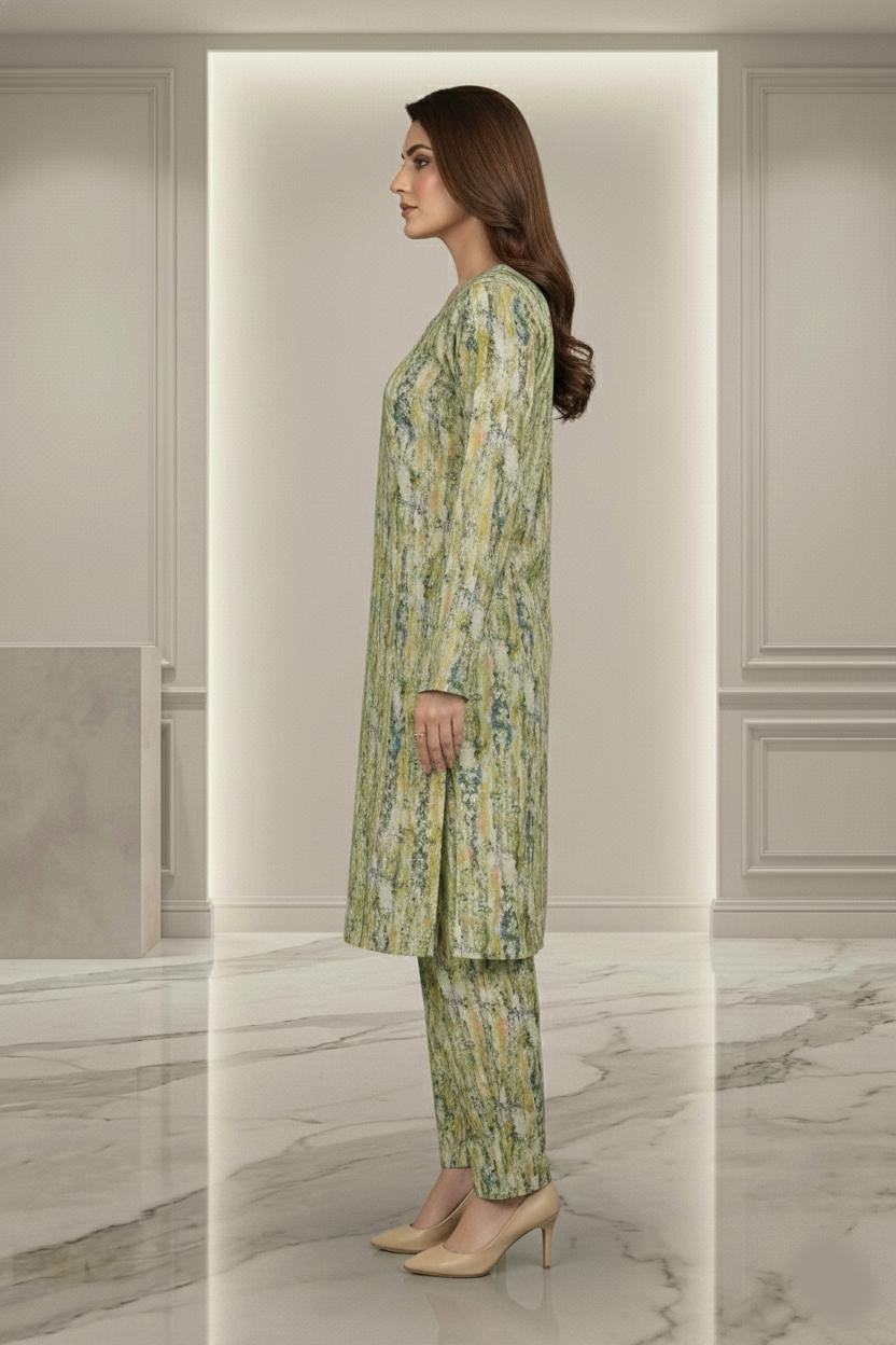 2-Piece Stone Work Trouser Shirt - Green Floral Print