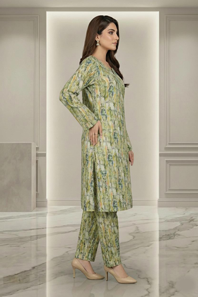 2-Piece Stone Work Trouser Shirt - Green Floral Print