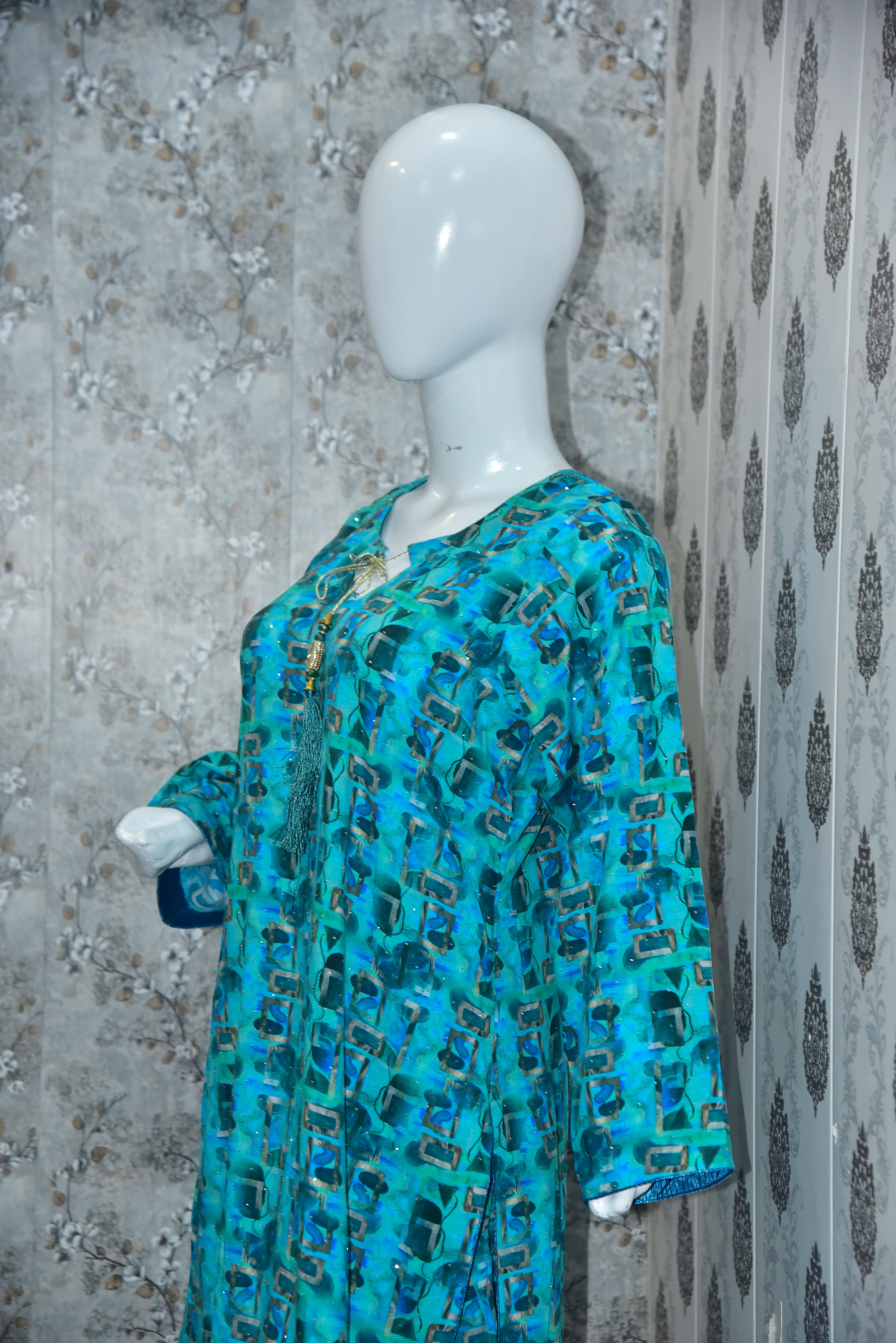 2-Piece Farshi Shalwar with Shirt - All Over Stone Work Marina Linen - Turquoise