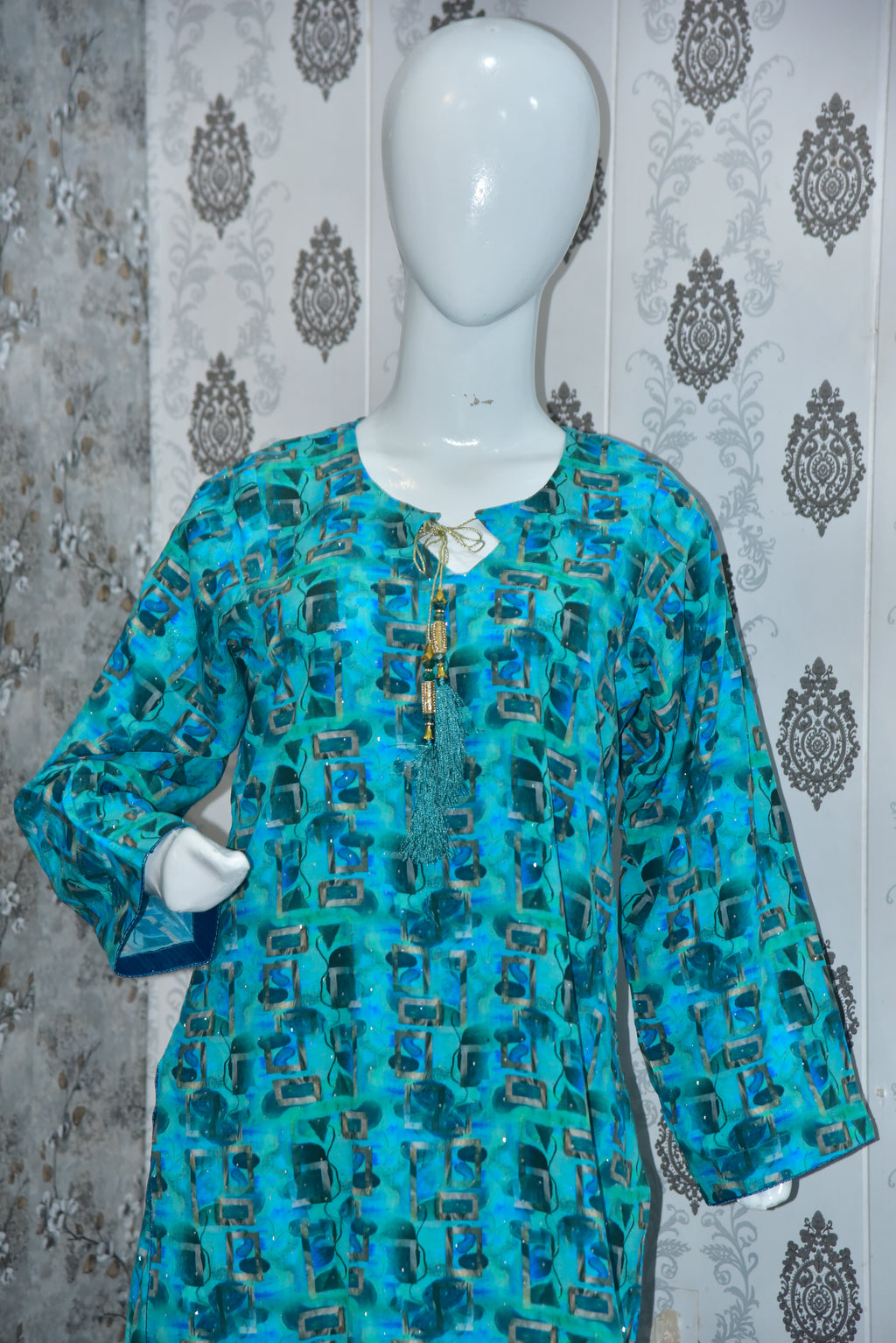 2-Piece Farshi Shalwar with Shirt - All Over Stone Work Marina Linen - Turquoise
