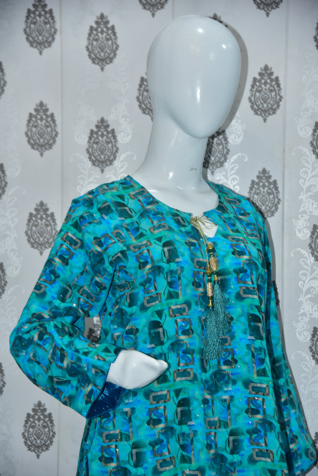 2-Piece Farshi Shalwar with Shirt - All Over Stone Work Marina Linen - Turquoise