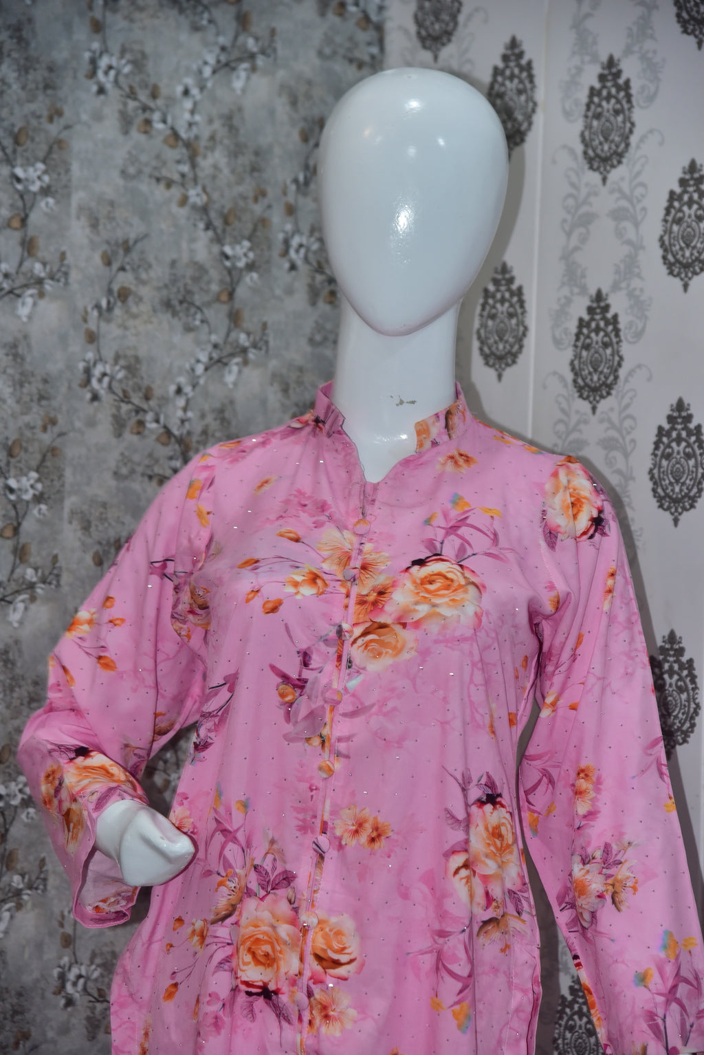 Stone Work Stitched Suit - Pink Floral
