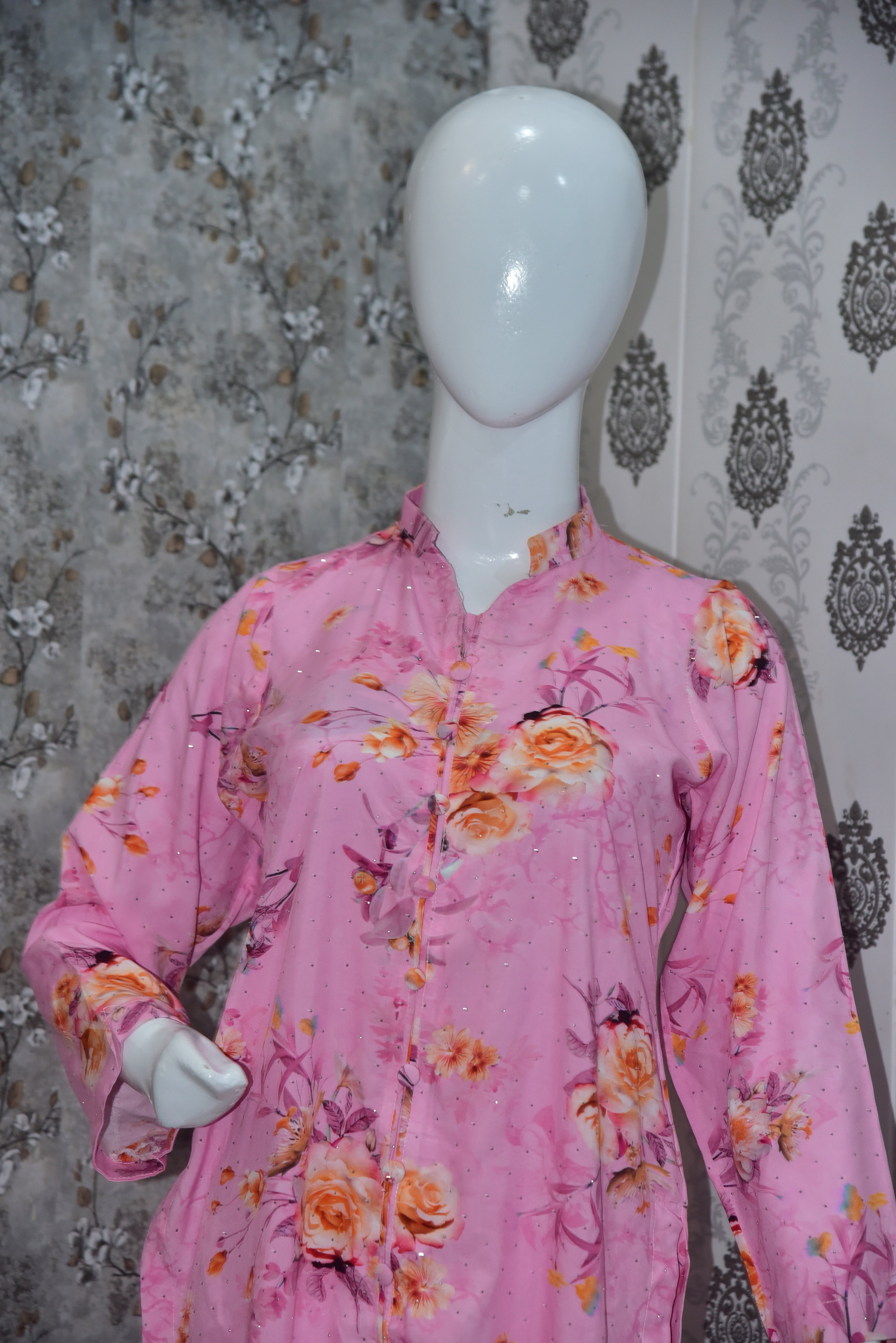 Stone Work Stitched Suit - Pink Floral