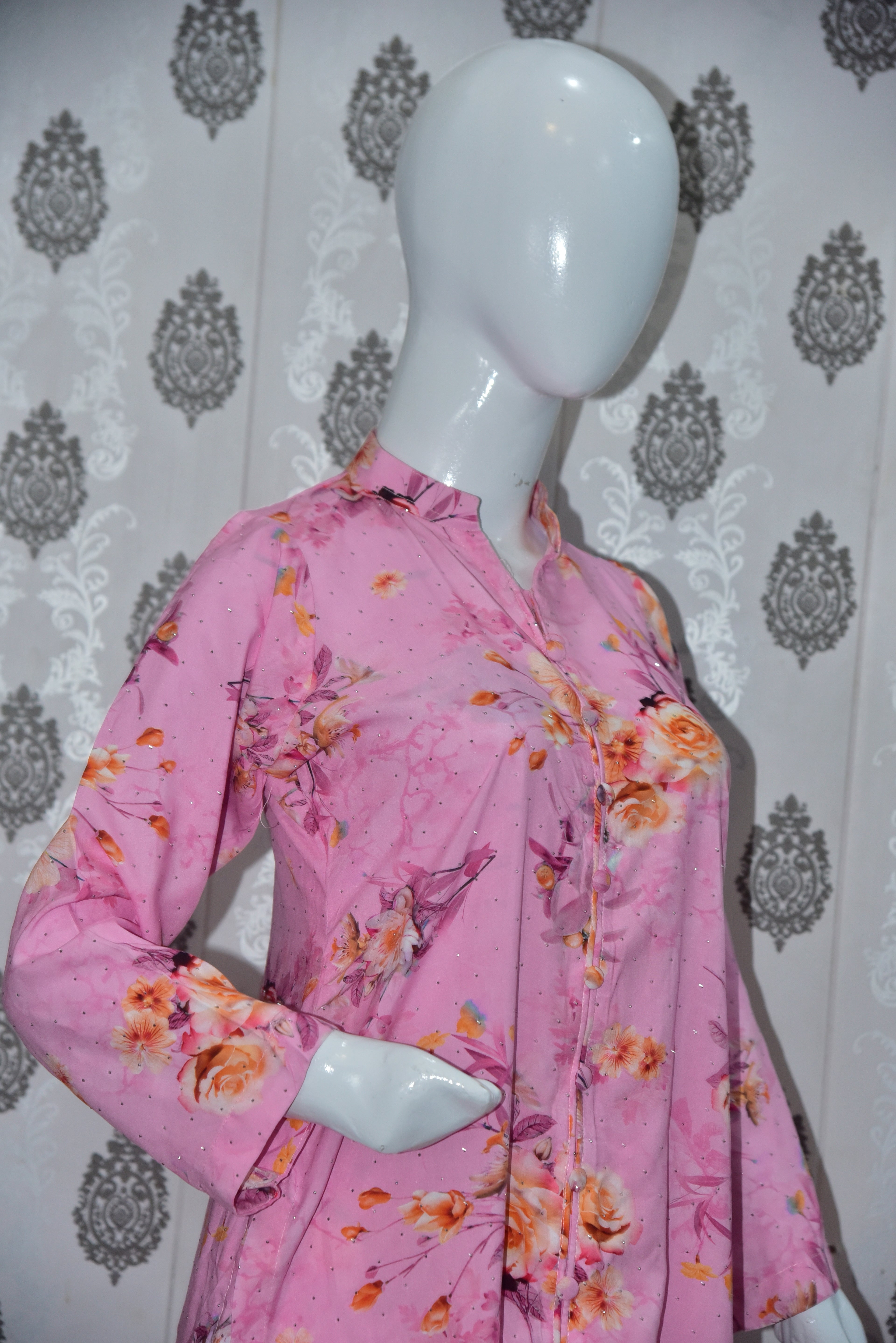 Stone Work Stitched Suit - Pink Floral