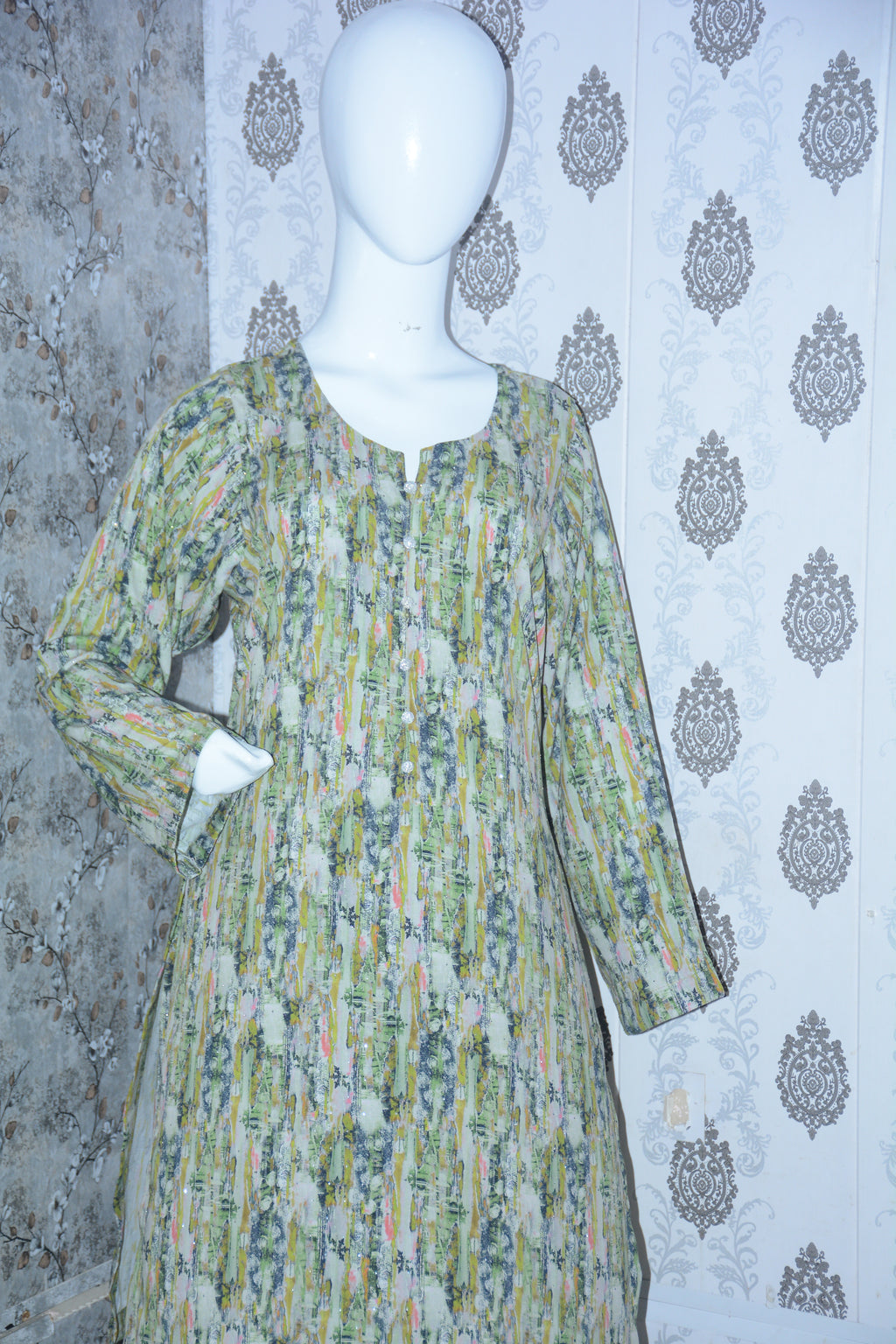 2-Piece Stone Work Trouser Shirt - Green Floral Print