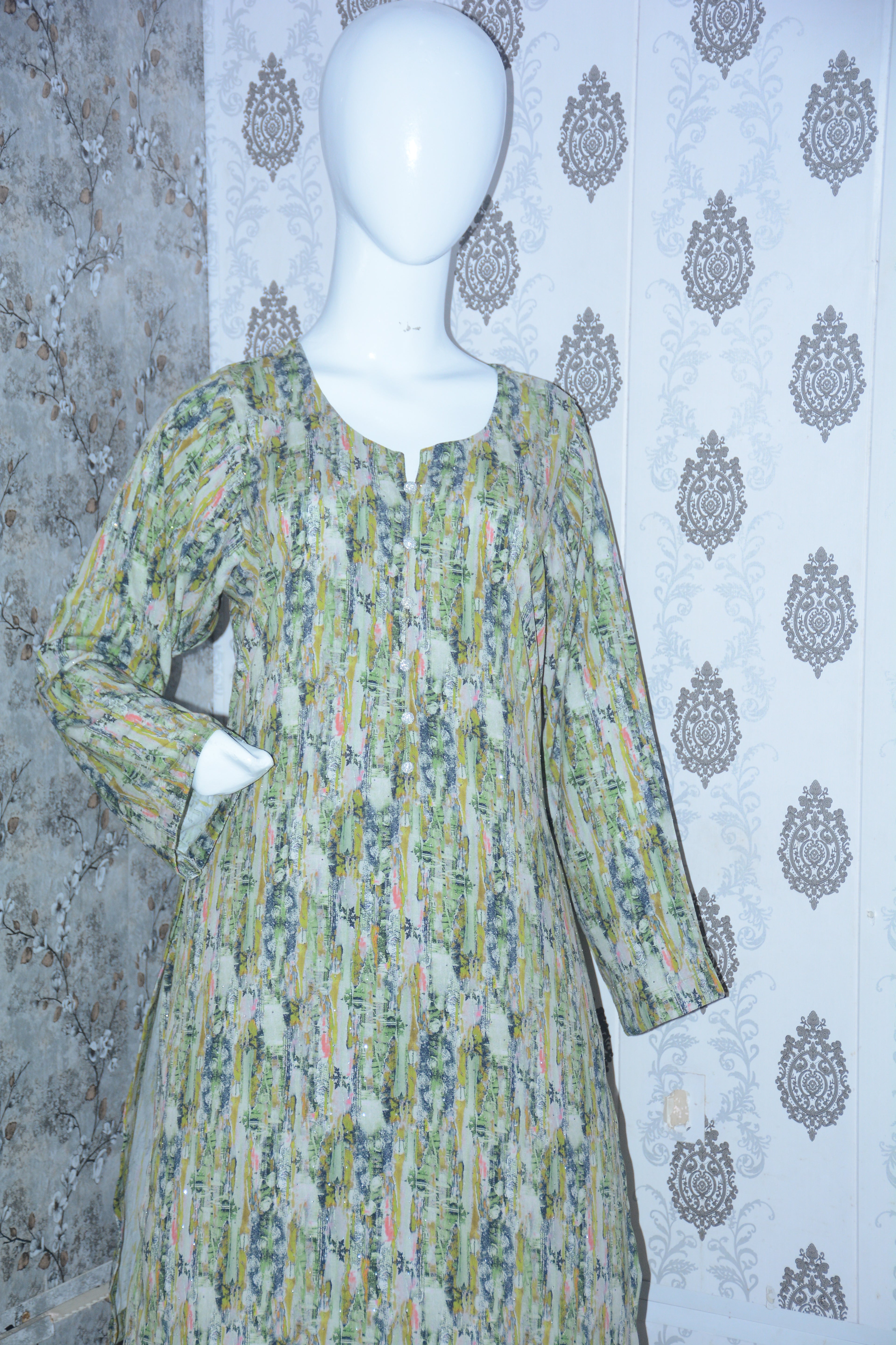 2-Piece Stone Work Trouser Shirt - Green Floral Print