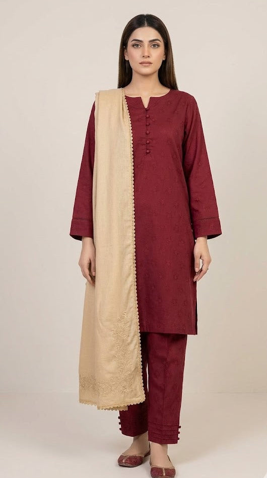 3-Piece Stitched Suit with warm Karahi-Work shawl Perfect winter wear