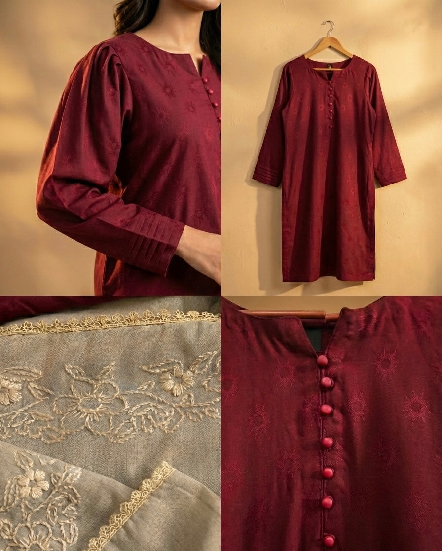 3-Piece Stitched Suit with warm Karahi-Work shawl Perfect winter wear