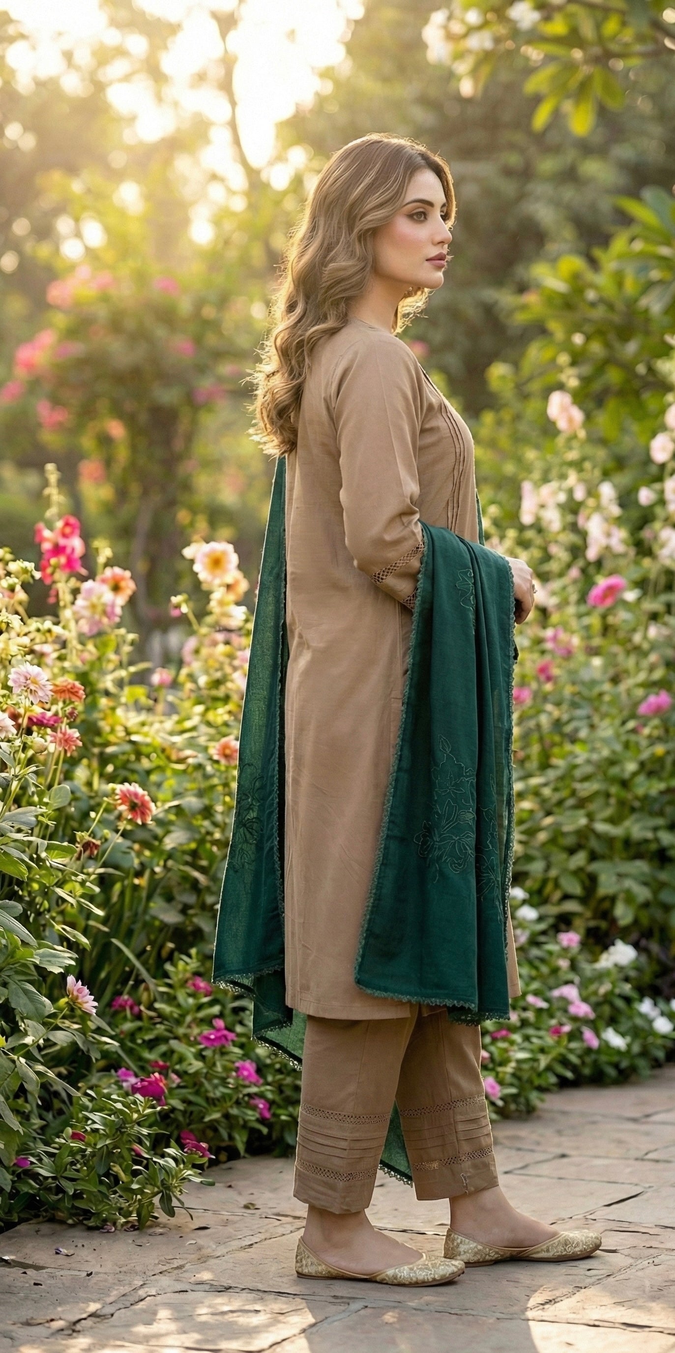 Self Print Marina 3-Piece Stitched Suit with Wool Karahi Shawl