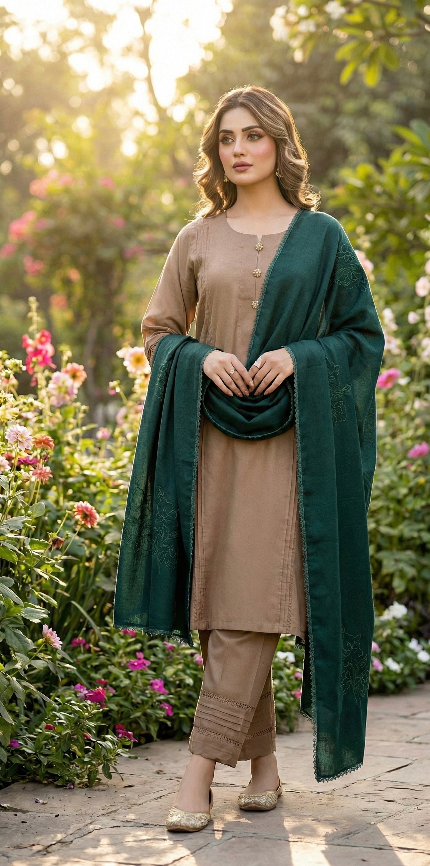 Self Print Marina 3-Piece Stitched Suit with Wool Karahi Shawl