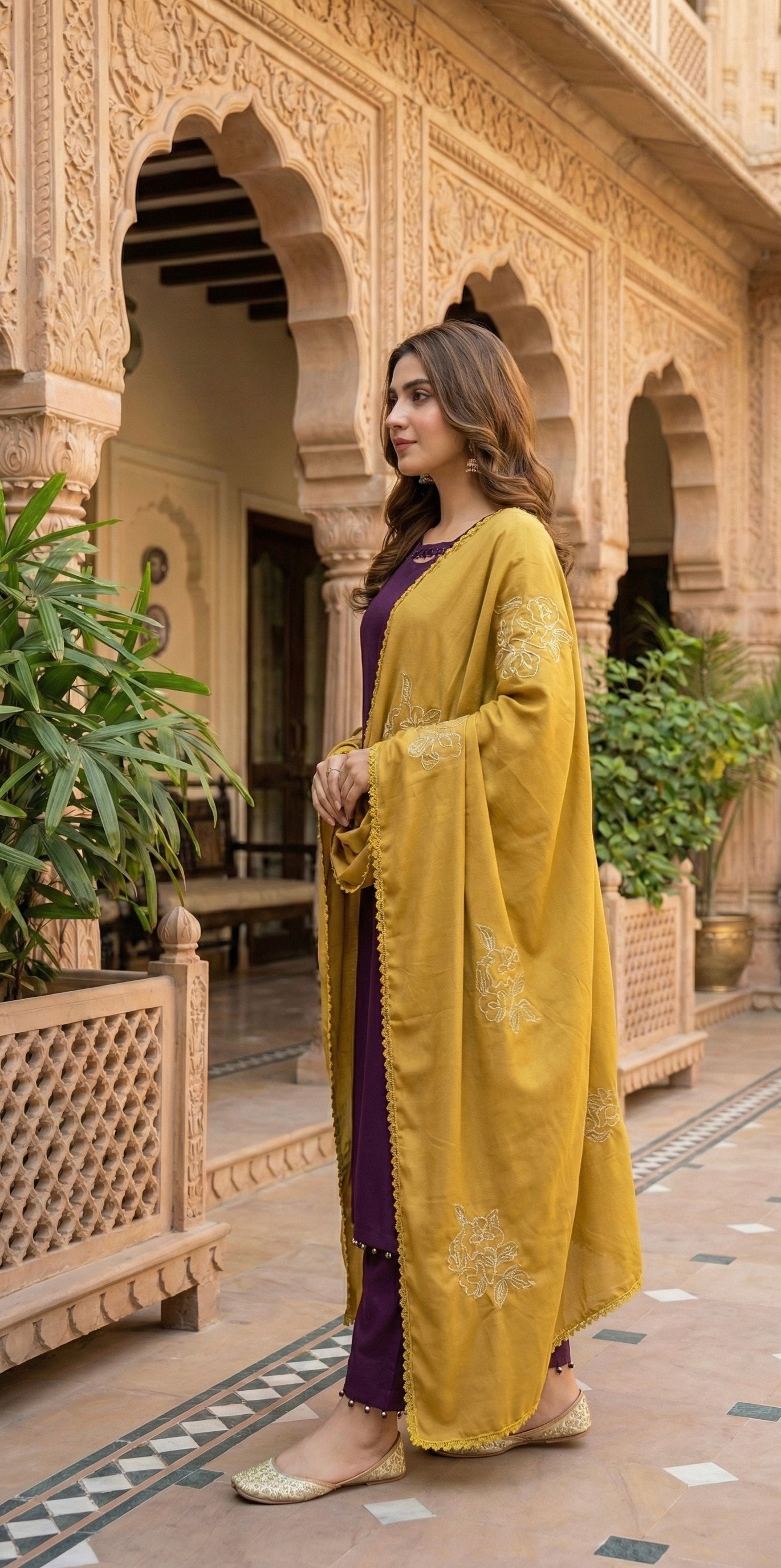 Self Print Marina 3-Piece Stitched Suit with Wool Karahi Shawl