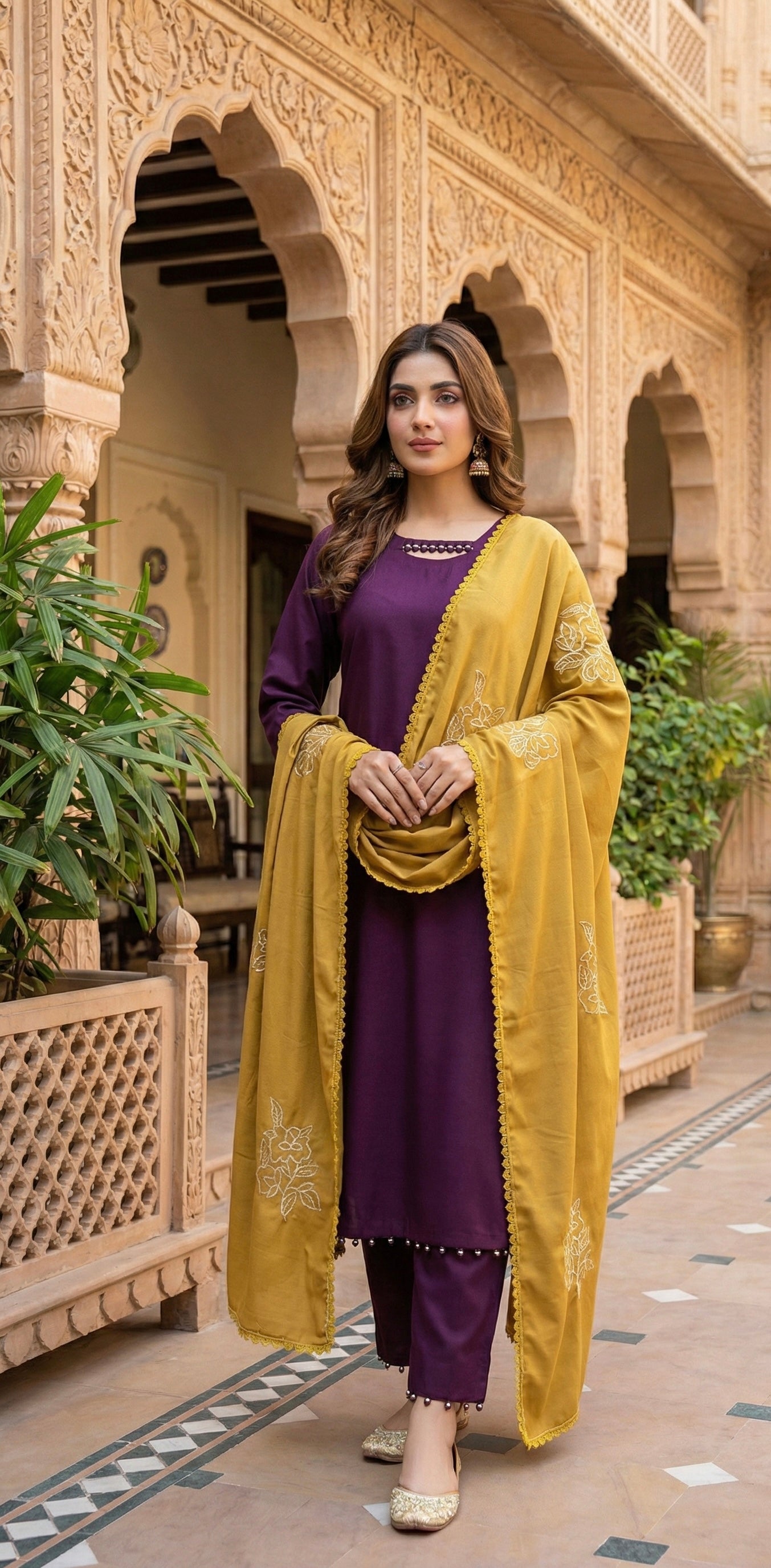 Self Print Marina 3-Piece Stitched Suit with Wool Karahi Shawl
