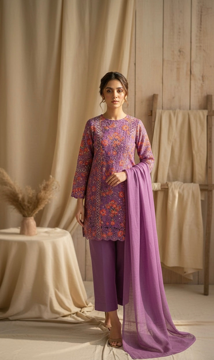 Crosia Net Embroidered Suit with Plain Lawn Inner