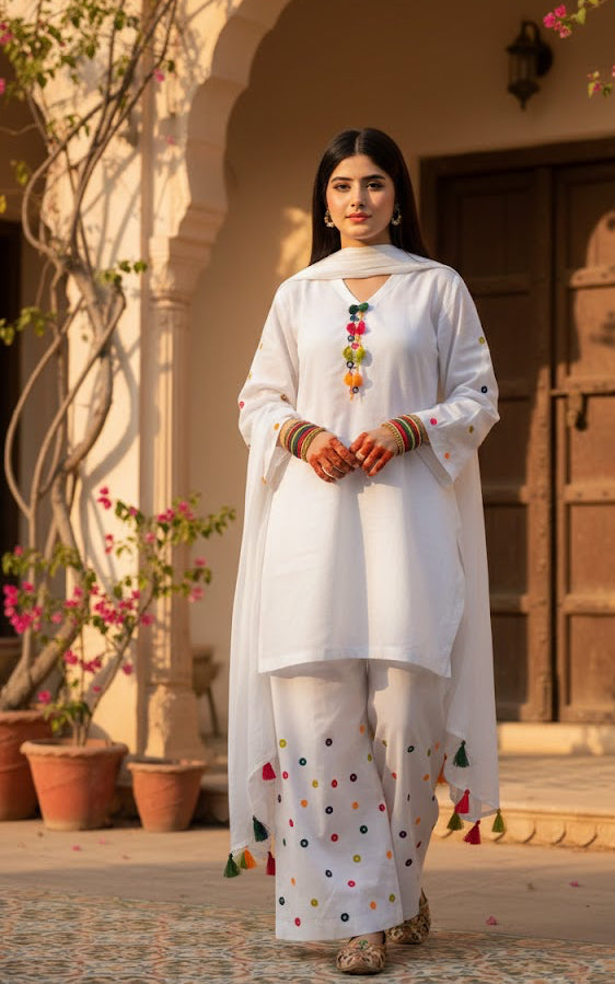 3-Piece White Lawn Suit with Kirkal Dupatta