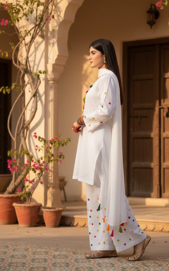 3-Piece White Lawn Suit with Kirkal Dupatta