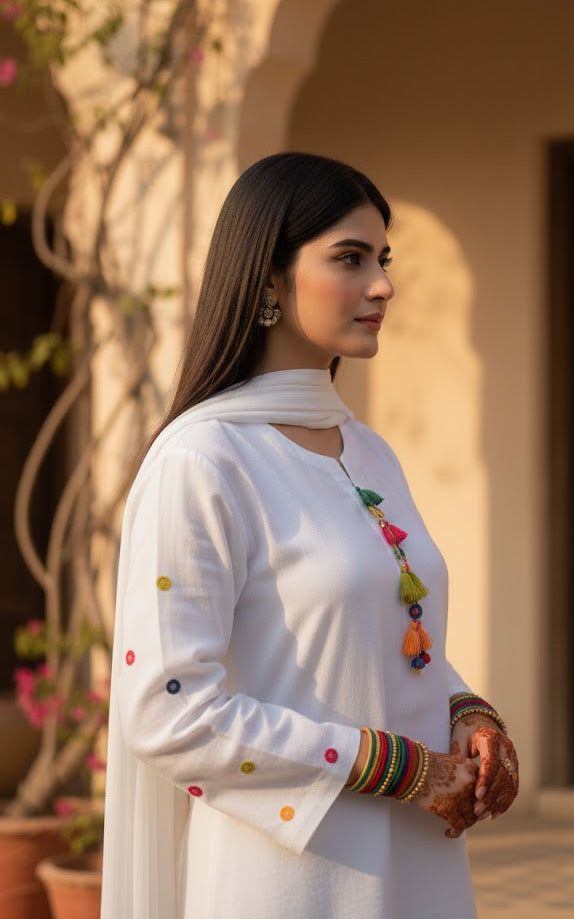 3-Piece White Lawn Suit with Kirkal Dupatta