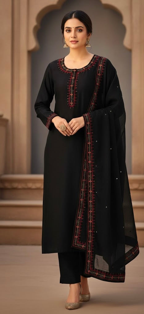 Black Embroidered Lawn Suit with Chiffon Dupatta