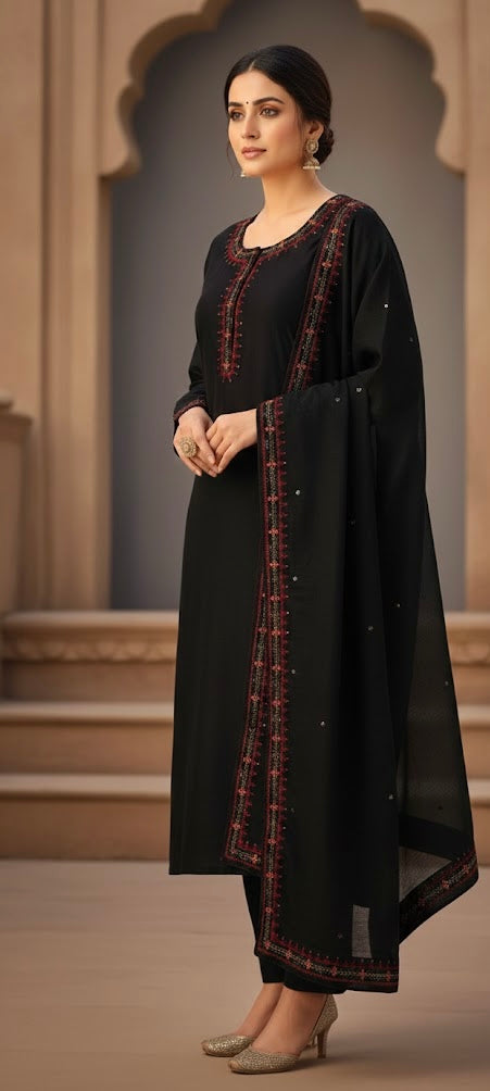 Black Embroidered Lawn Suit with Chiffon Dupatta