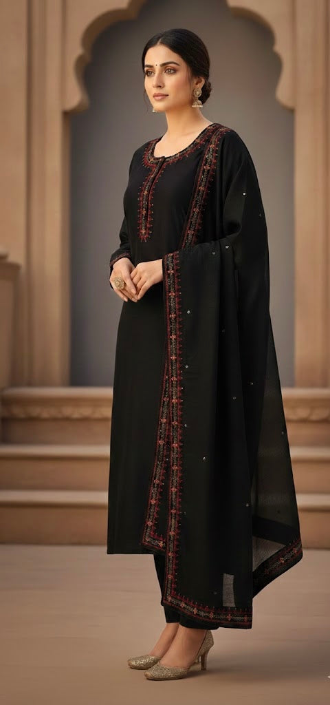 Black Embroidered Lawn Suit with Chiffon Dupatta