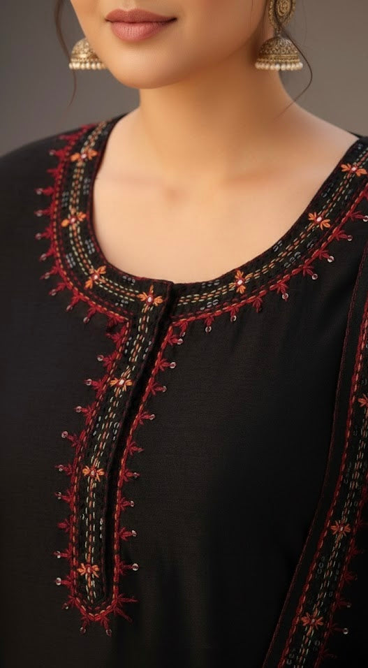 Black Embroidered Lawn Suit with Chiffon Dupatta
