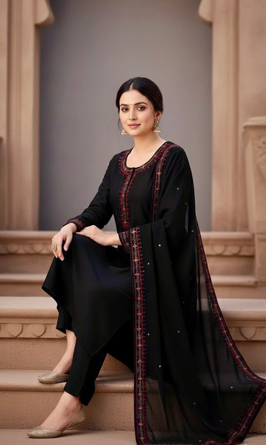 Black Embroidered Lawn Suit with Chiffon Dupatta