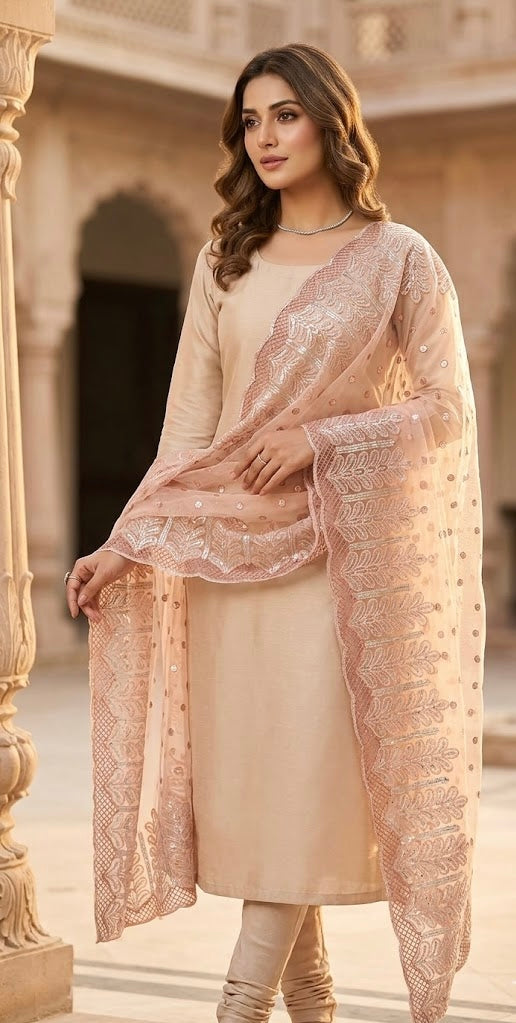 Textured Raw Silk Peach Kurta with Organza Dupatta