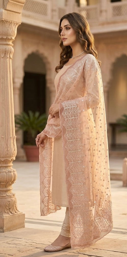 Textured Raw Silk Peach Kurta with Organza Dupatta