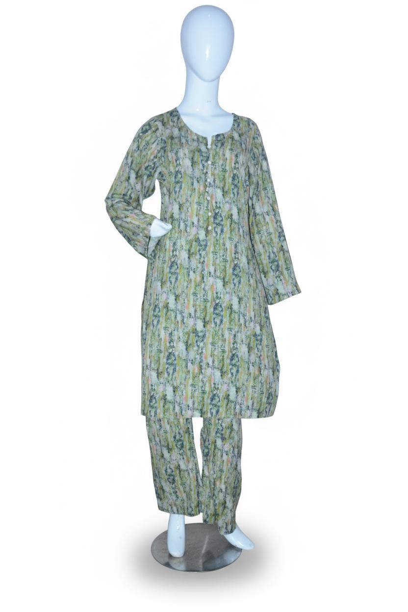 2-Piece Stone Work Trouser Shirt - Green Floral Print