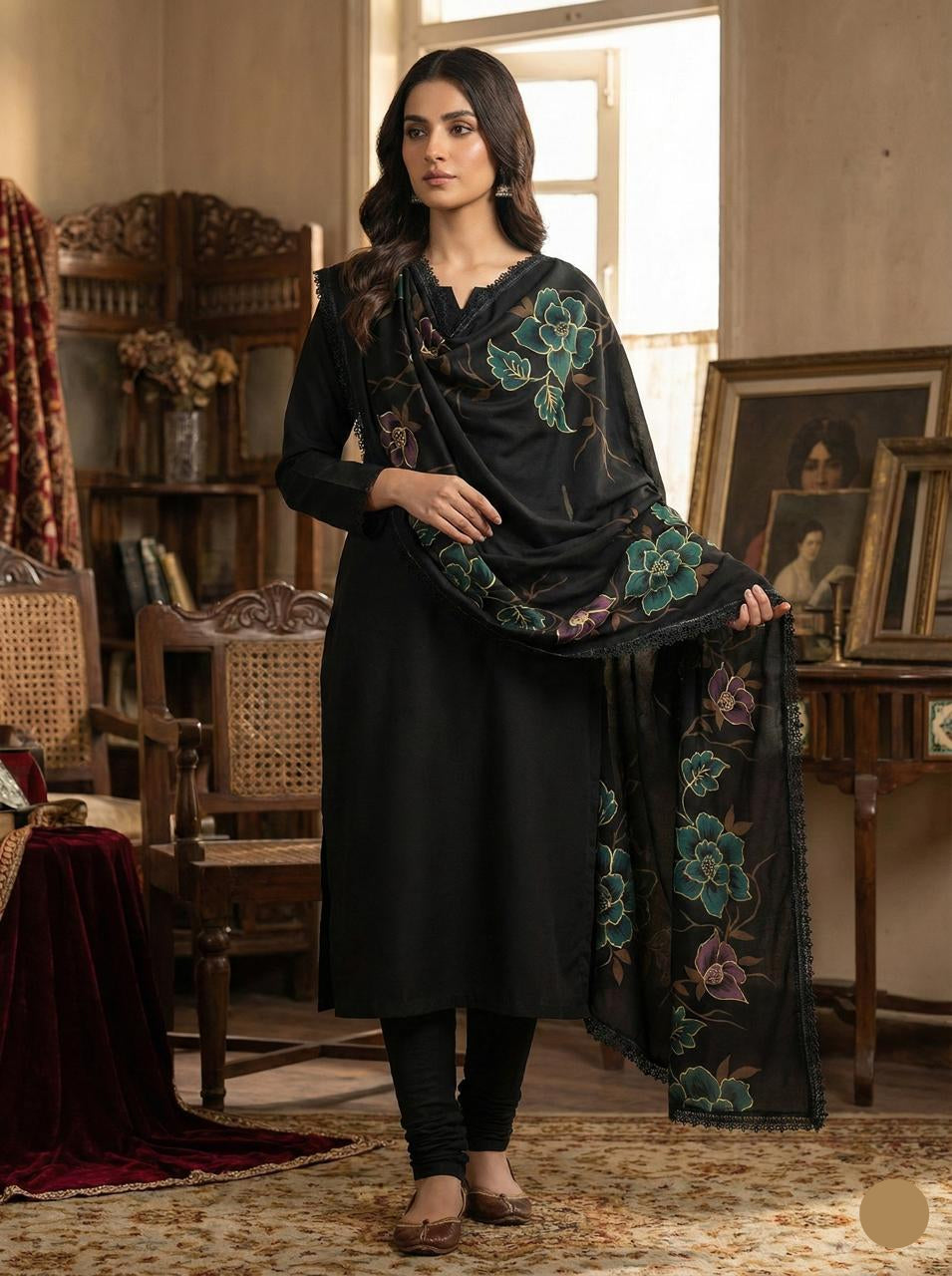 Handmade Paint Black Pashmina Wool Shawl