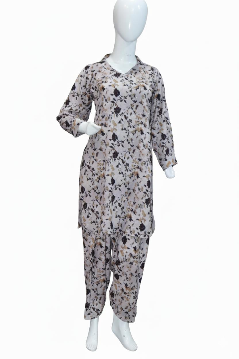 Soft Linen Floral Print Stone Work Suit - 2 Piece Stitched