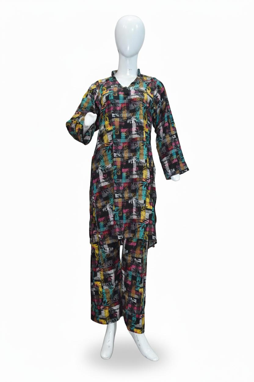 All Over Print Linen 2 Piece Stitched Suit - Multicolor