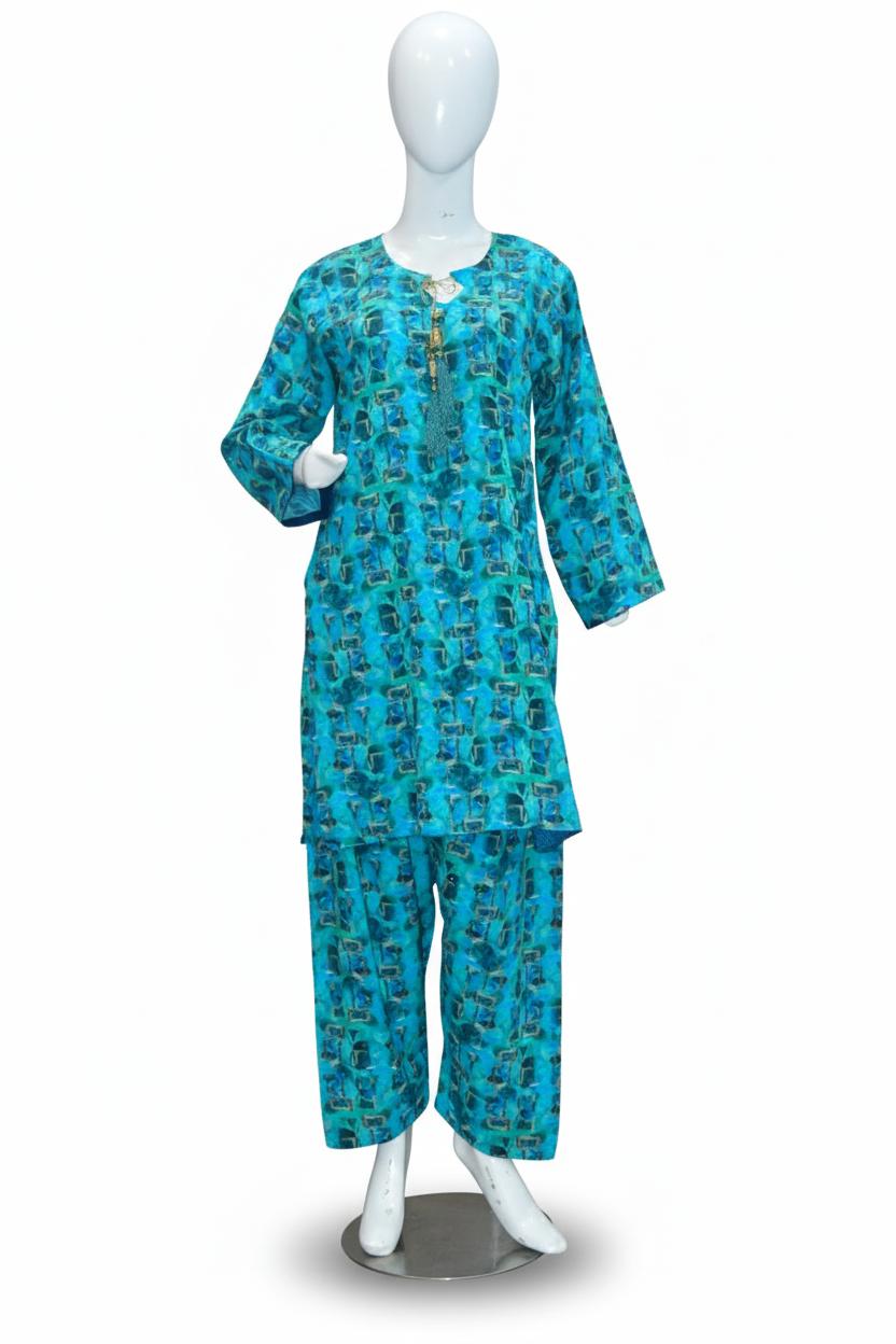 2-Piece Farshi Shalwar with Shirt - All Over Stone Work Marina Linen - Turquoise