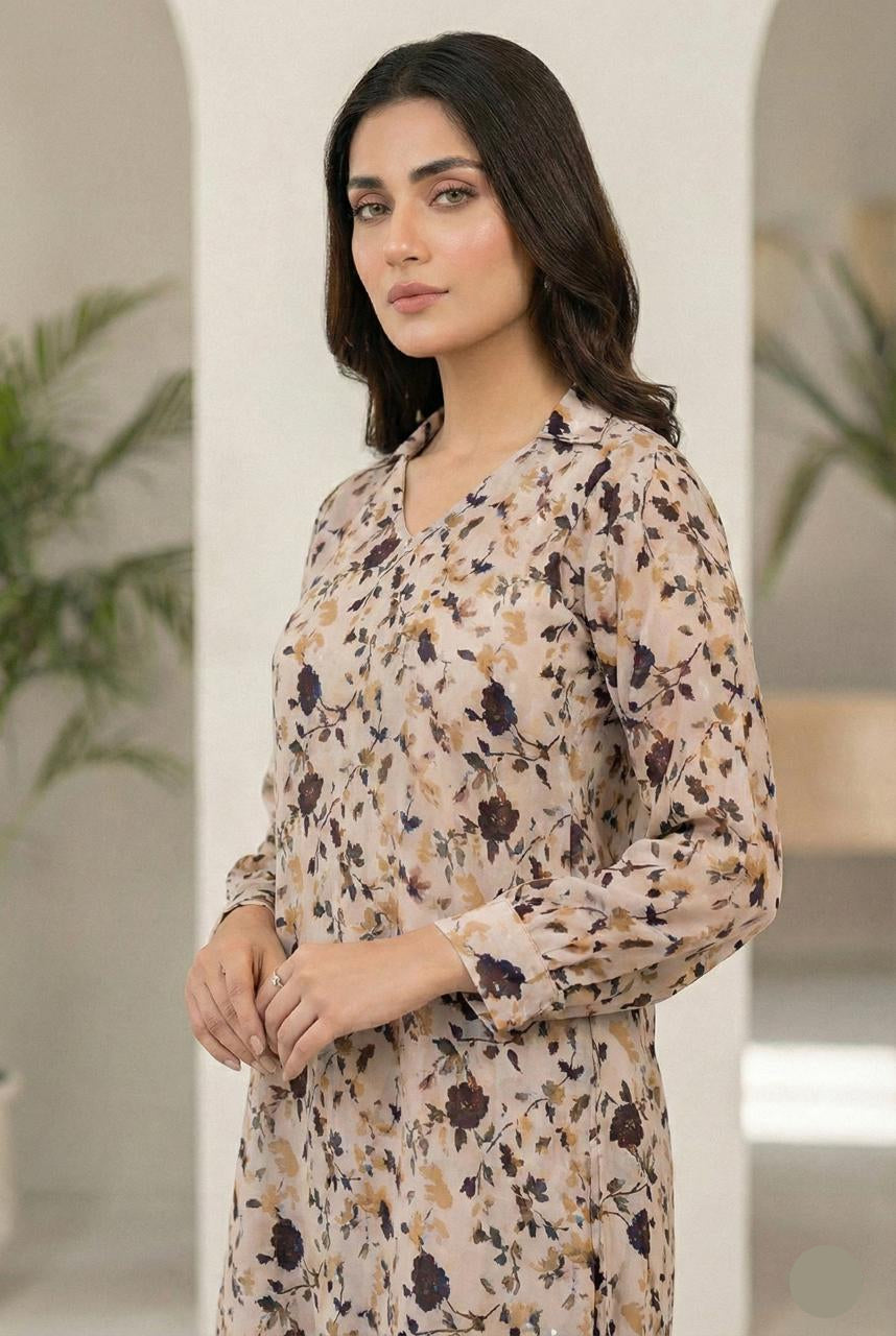 Soft Linen Floral Print Stone Work Suit - 2 Piece Stitched
