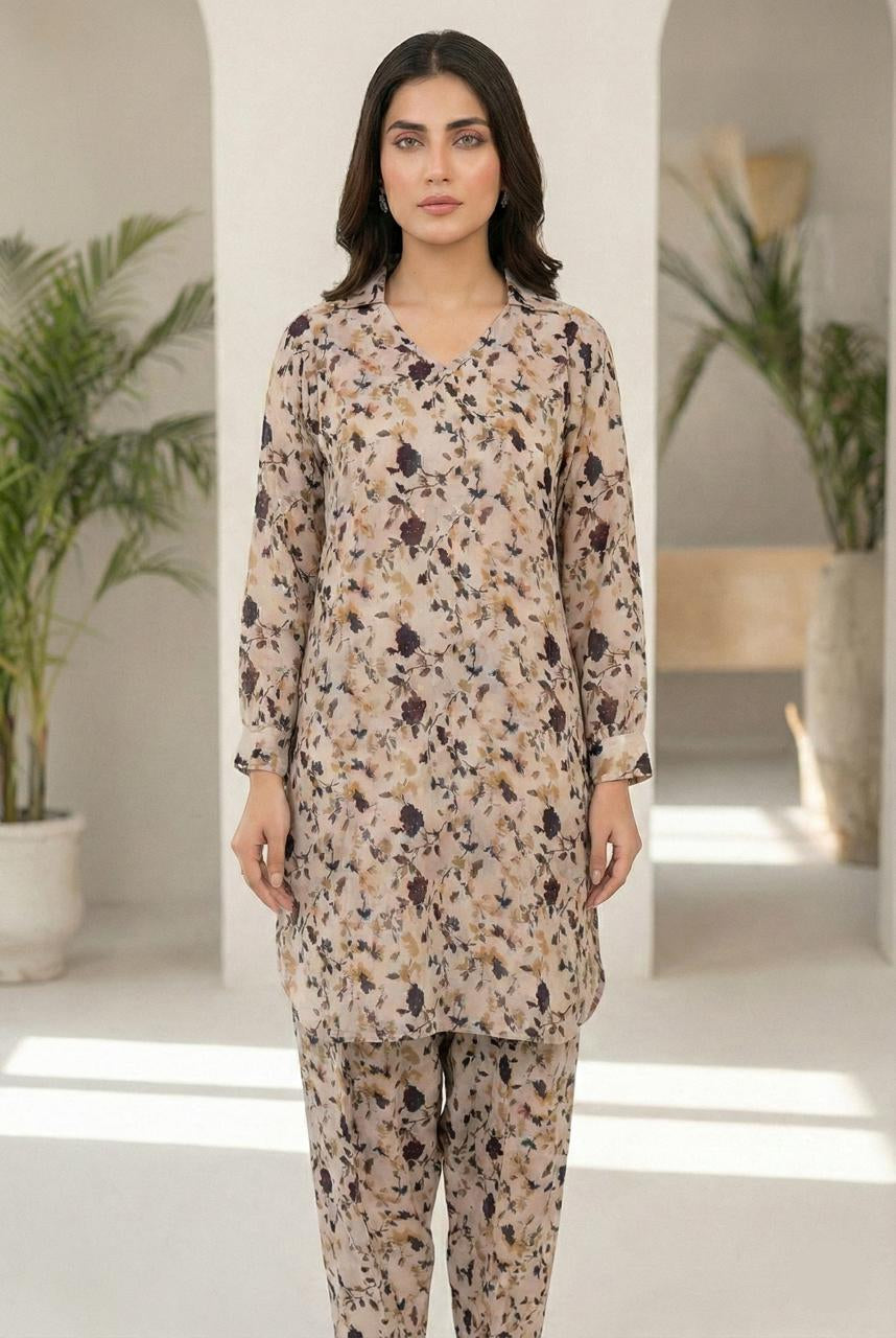 Soft Linen Floral Print Stone Work Suit - 2 Piece Stitched