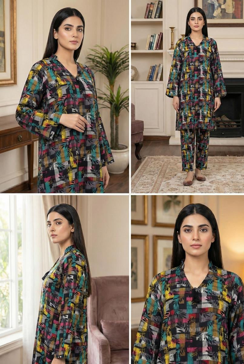 All Over Print Linen 2 Piece Stitched Suit - Multicolor