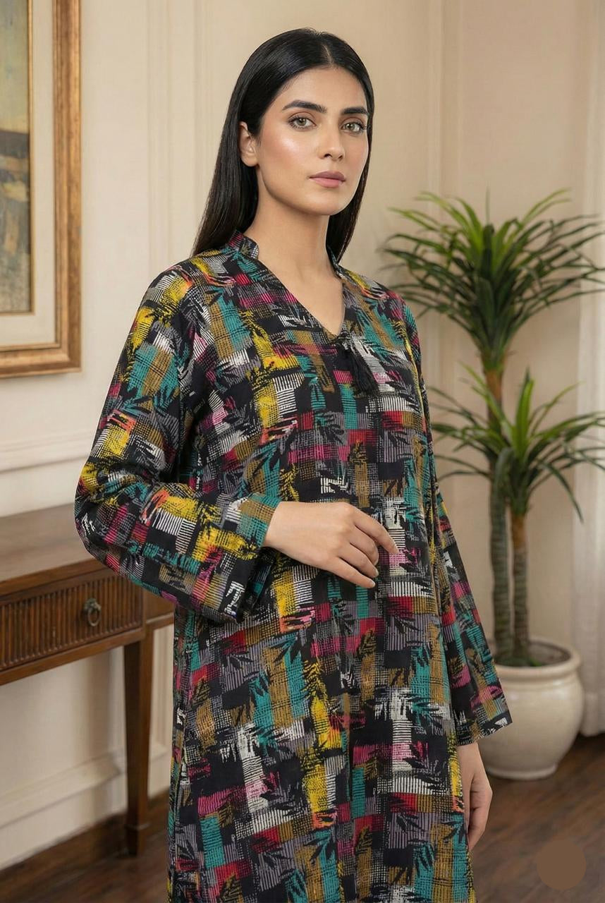 All Over Print Linen 2 Piece Stitched Suit - Multicolor