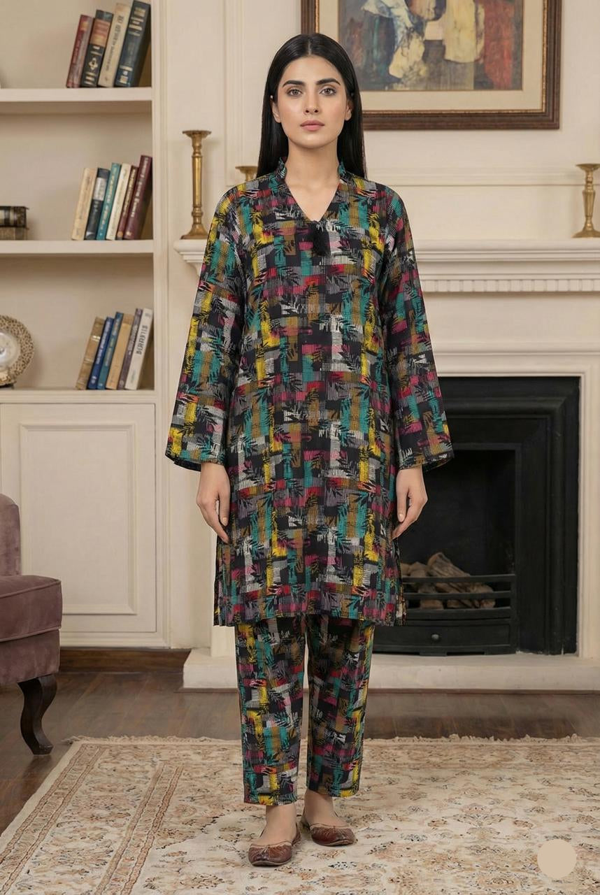 All Over Print Linen 2 Piece Stitched Suit - Multicolor