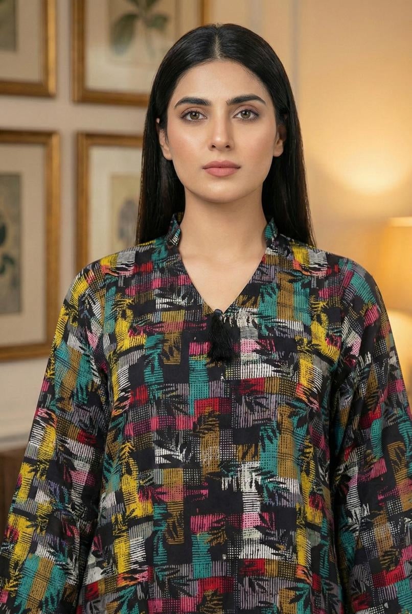 All Over Print Linen 2 Piece Stitched Suit - Multicolor