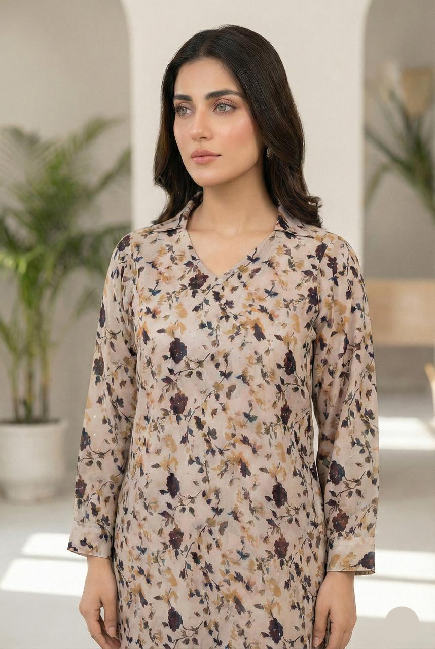 Soft Linen Floral Print Stone Work Suit - 2 Piece Stitched
