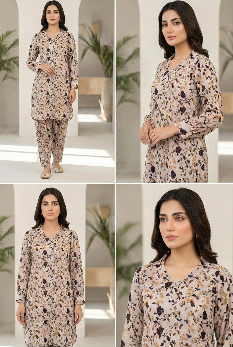 Soft Linen Floral Print Stone Work Suit - 2 Piece Stitched