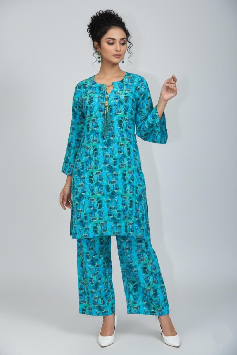 2-Piece Farshi Shalwar with Shirt - All Over Stone Work Marina Linen - Turquoise