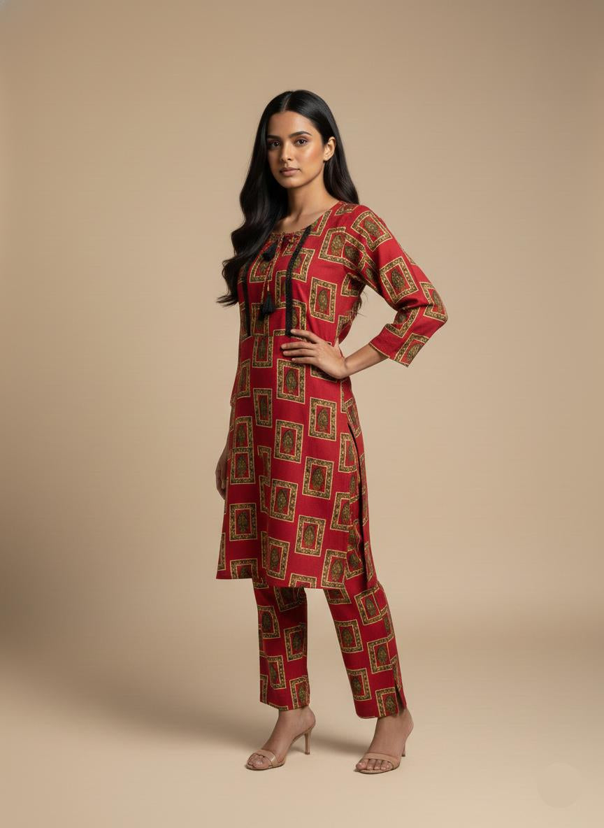 2-Piece Linen Trouser Shirt - Geometric Print