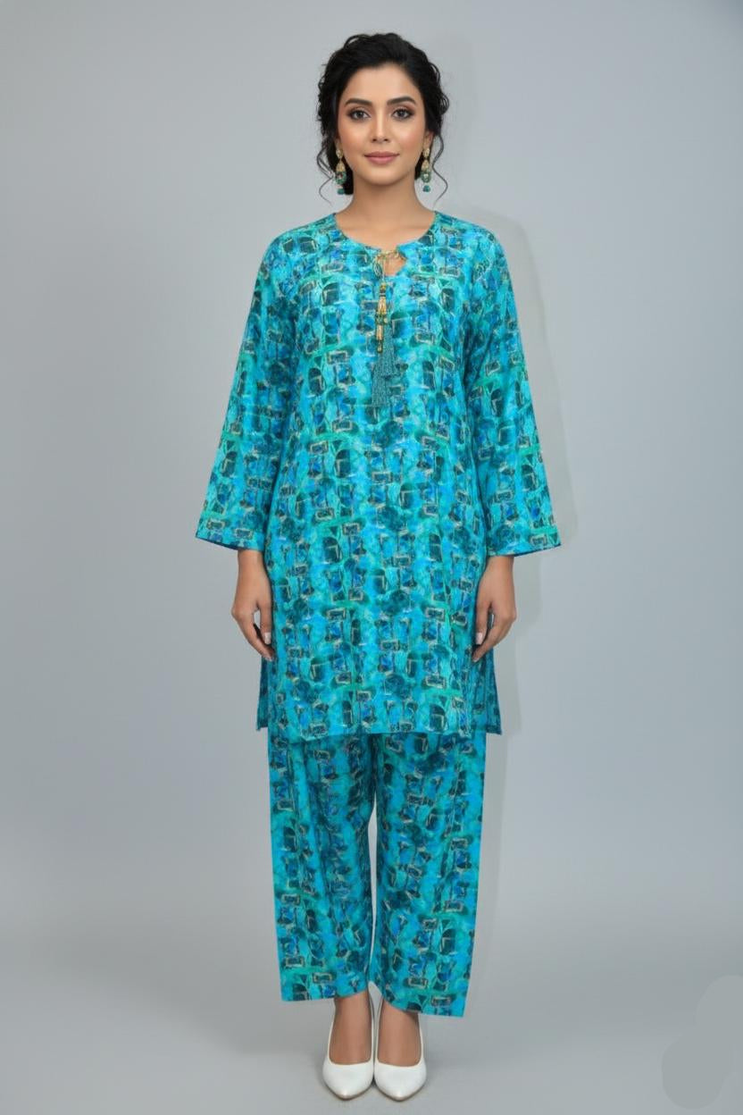 2-Piece Farshi Shalwar with Shirt - All Over Stone Work Marina Linen - Turquoise