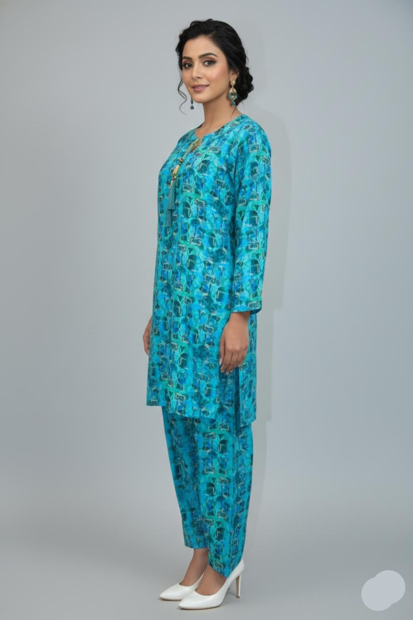 2-Piece Farshi Shalwar with Shirt - All Over Stone Work Marina Linen - Turquoise