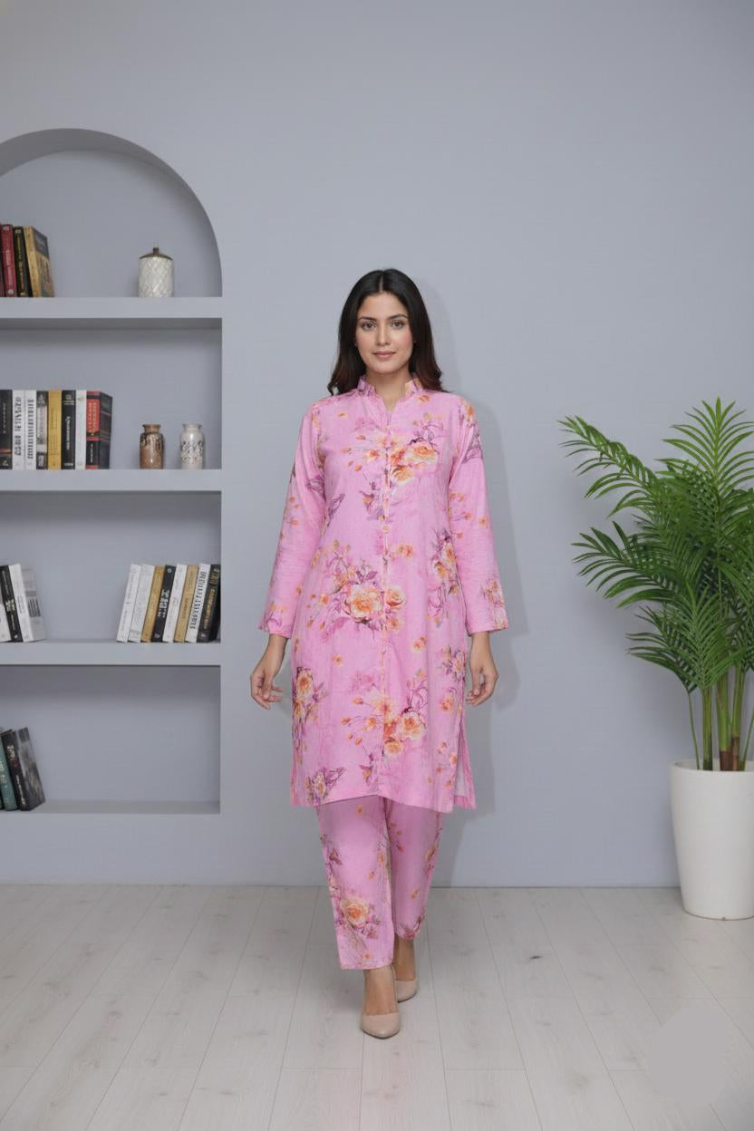 Stone Work Stitched Suit - Pink Floral