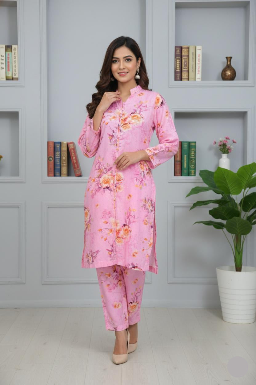 Stone Work Stitched Suit - Pink Floral