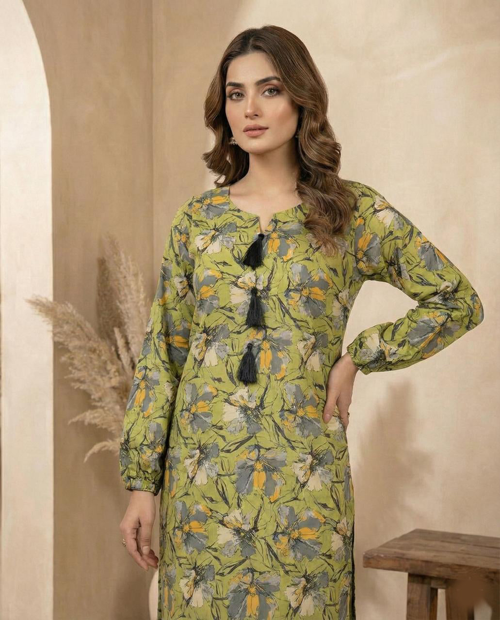 2-Piece Linen Trouser Shirt - Green Botanical Print