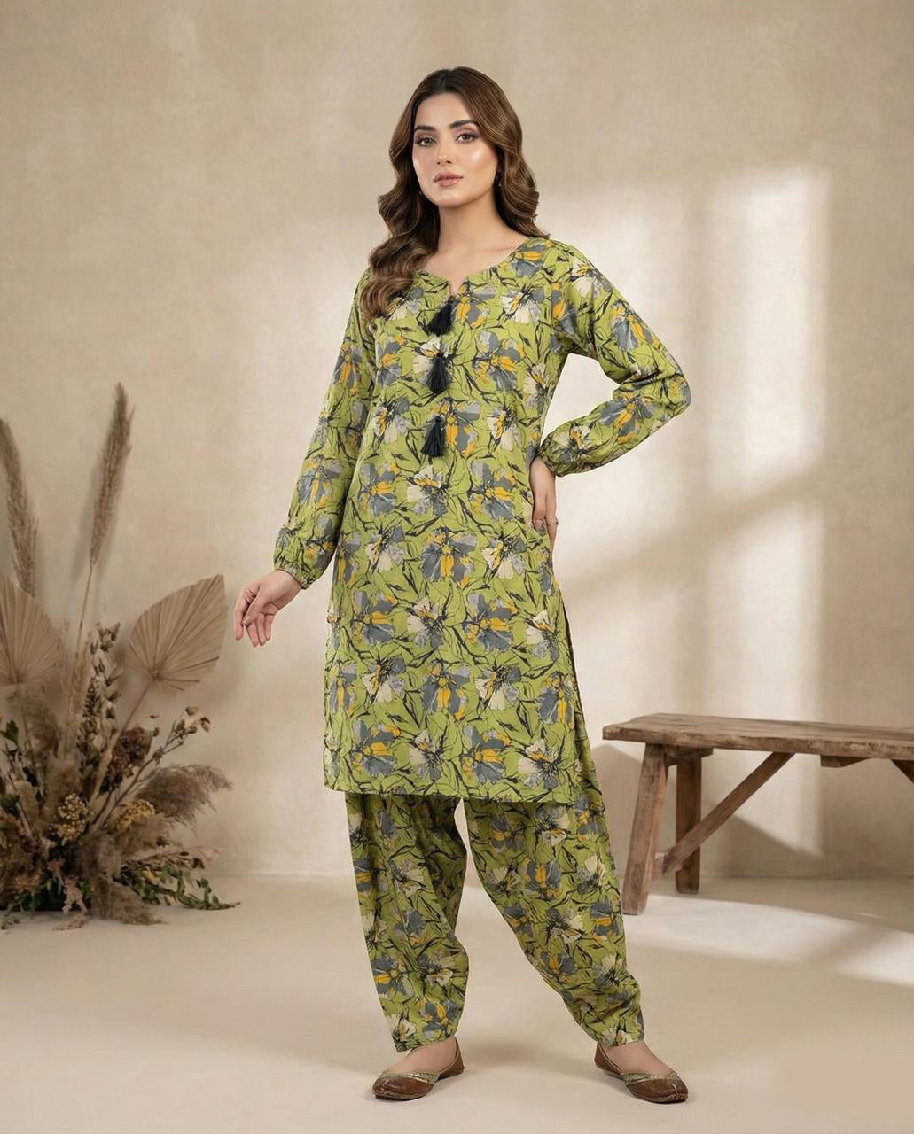 2-Piece Linen Trouser Shirt - Green Botanical Print