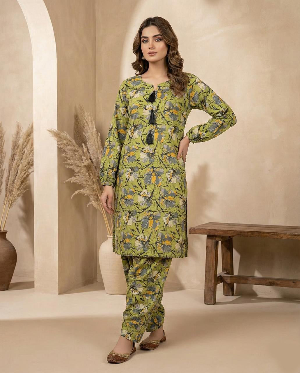 2-Piece Linen Trouser Shirt - Green Botanical Print